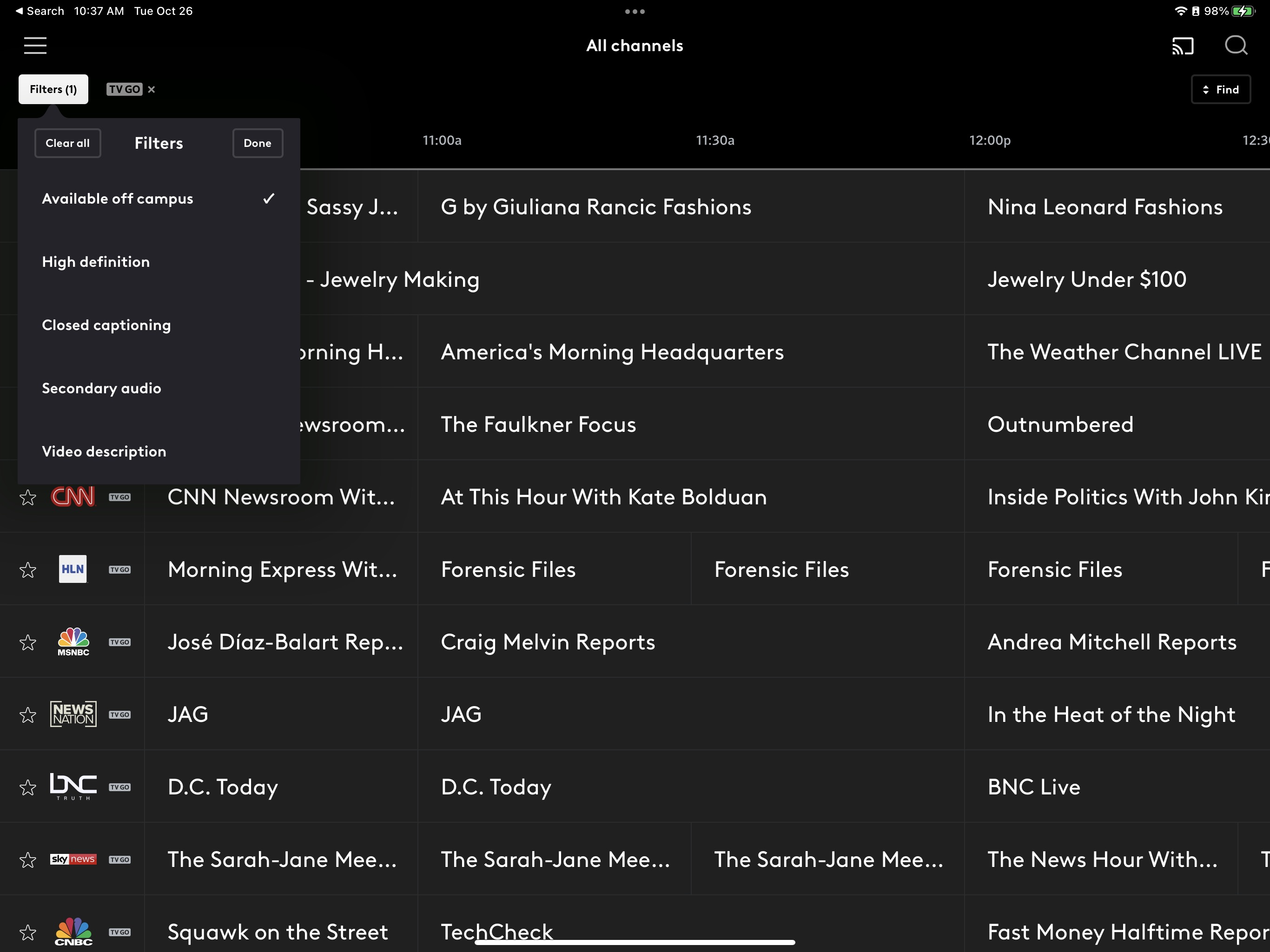How do i see which xfinity stream channels are available off campus